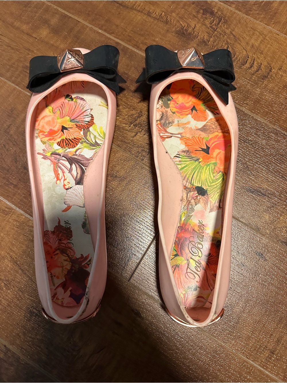 Ted Baker Blush Pink Ballet Flats with Black Bow Accent